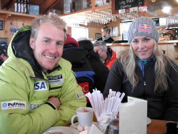 Ted Ligety and Lindsey Vonn taking a break from training at Coronet Peak's Heidi's Hut